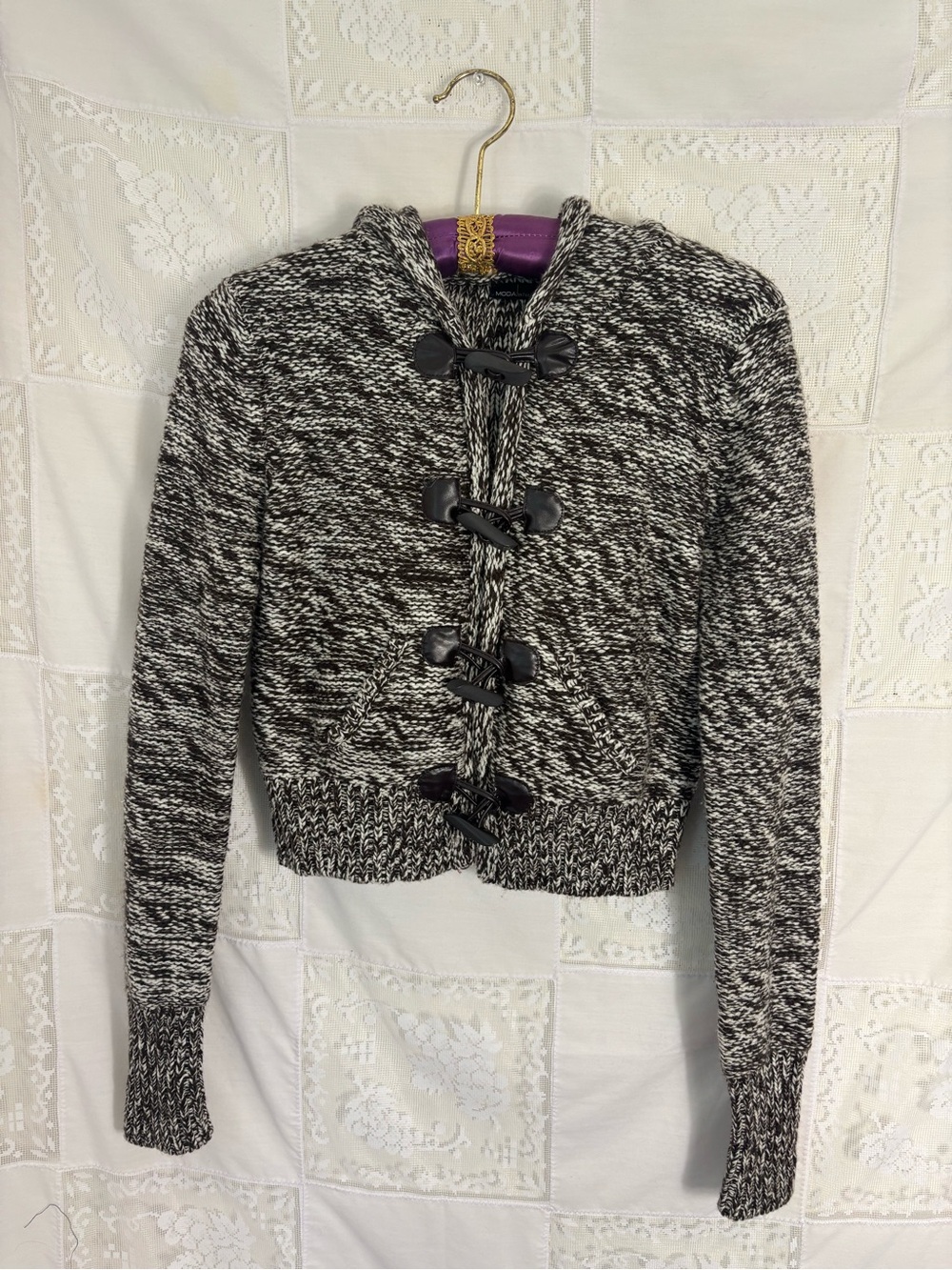 Brown+White Wool Blend Knit Hooded Toggle Closure Boho Cardigan Sweater Size S